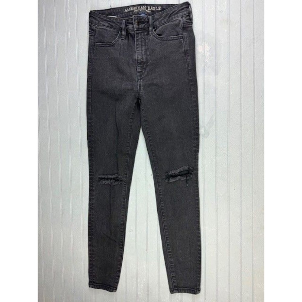 American Eagle Size 4 Short Womens Jeans Super High Rise Jegging Black Distress